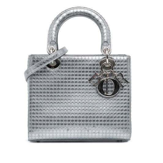 Dior Medium Metallic Patent Microcannage Lady Dior Silver