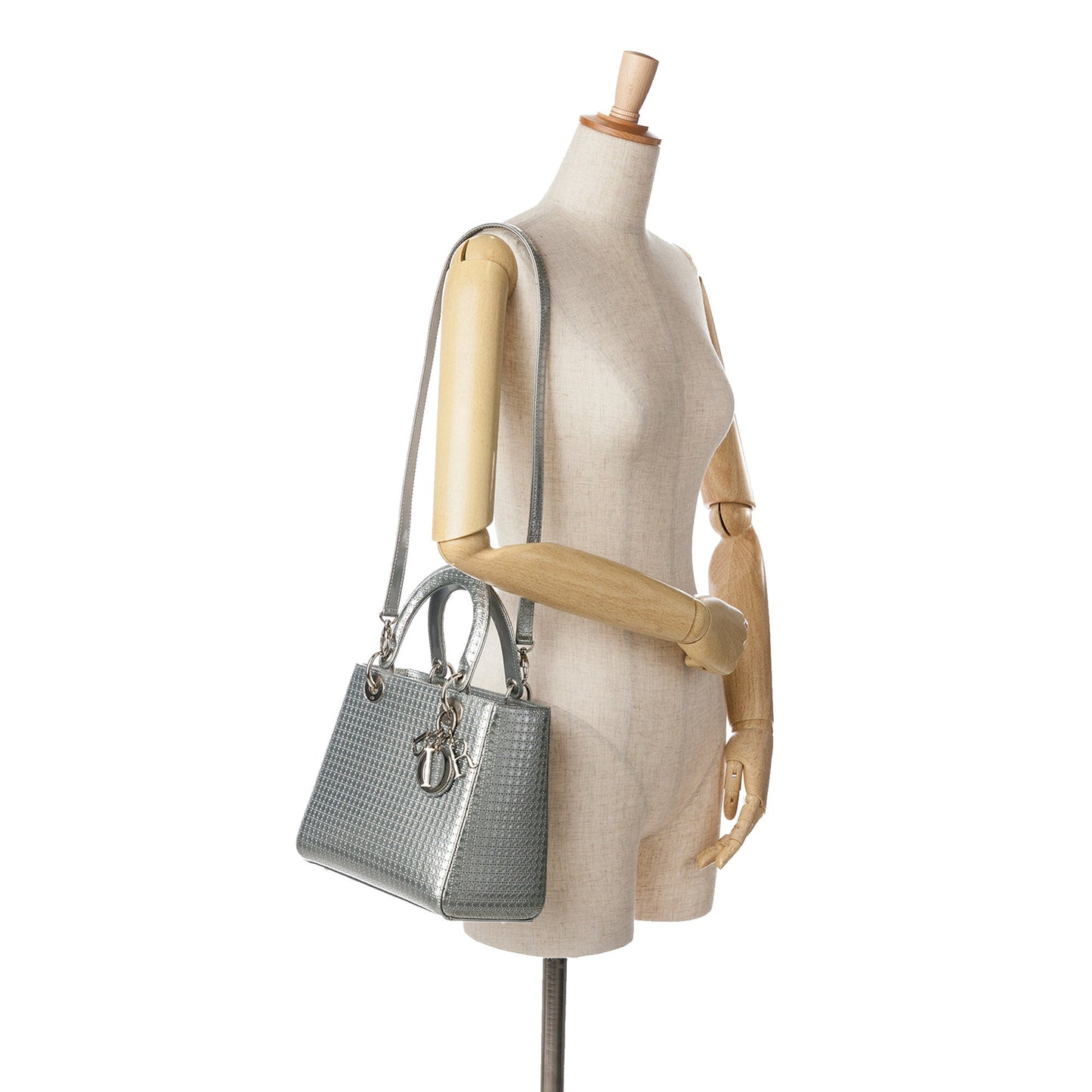 Dior Medium Metallic Patent Microcannage Lady Dior Silver