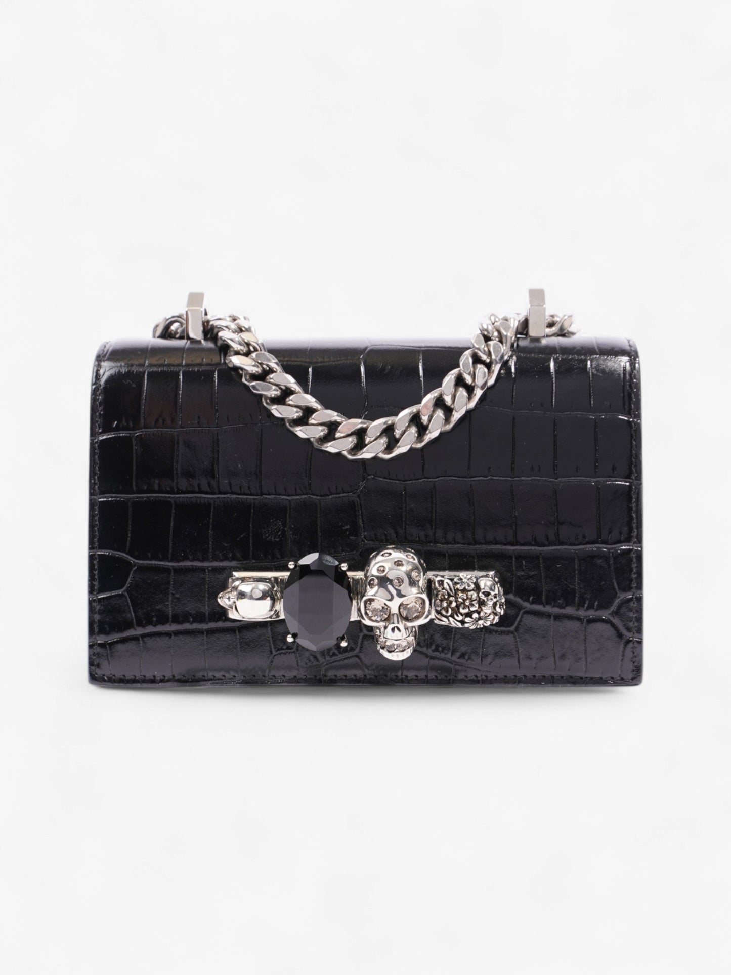 Alexander McQueen Jewel Knuckleduster Crossbody Bag Black Crocodile Leather