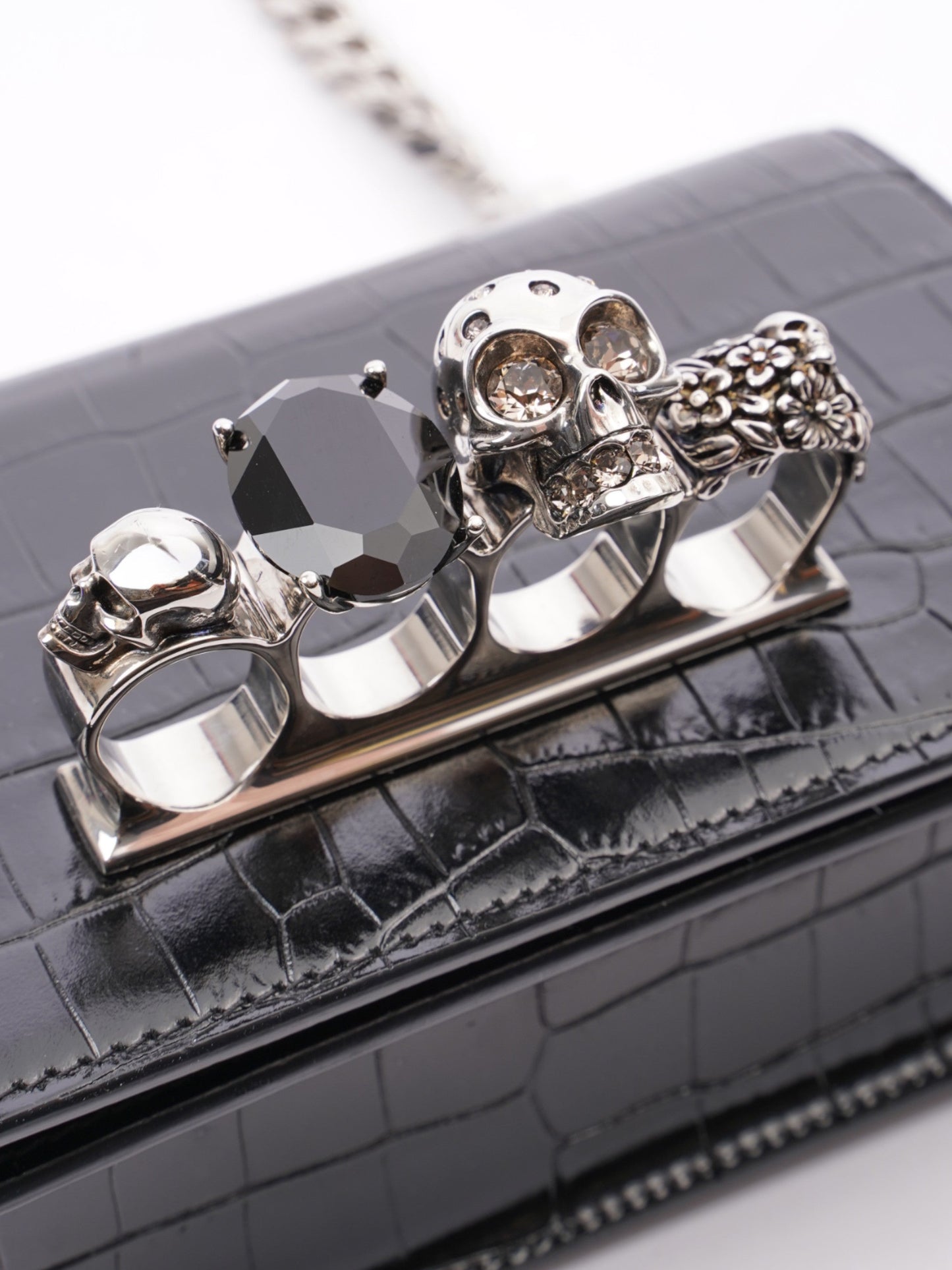 Alexander McQueen Jewel Knuckleduster Crossbody Bag Black Crocodile Leather