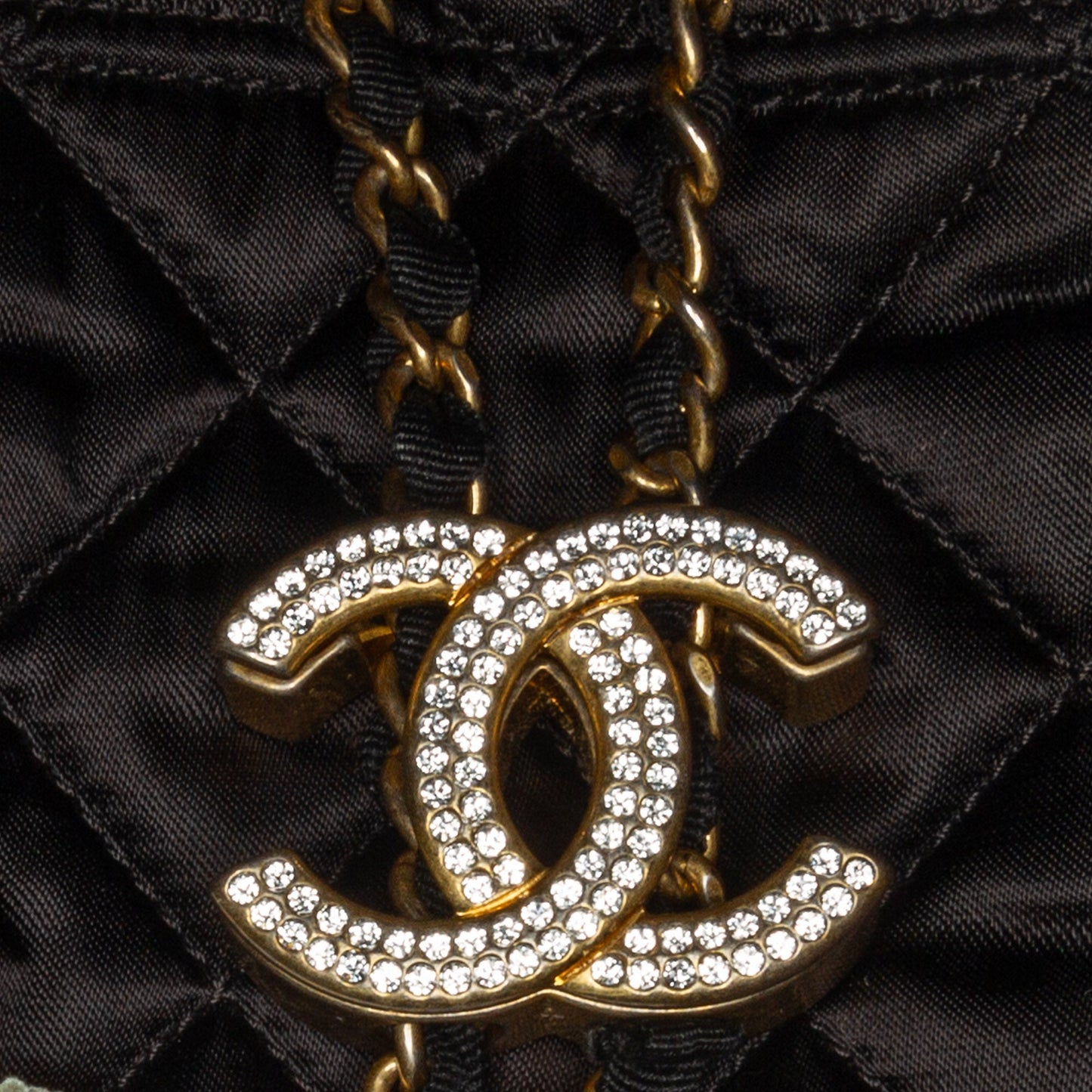 Chanel Quilted Nylon Crystal CC Drawstring Sling Bag Black