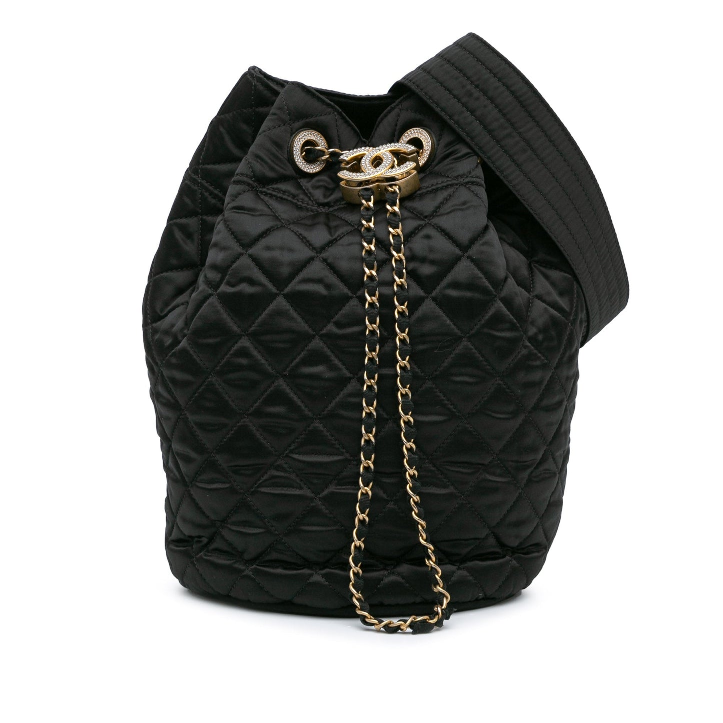Chanel Quilted Nylon Crystal CC Drawstring Sling Bag Black