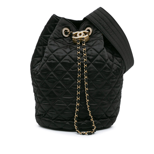 Chanel Quilted Nylon Crystal CC Drawstring Sling Bag Black