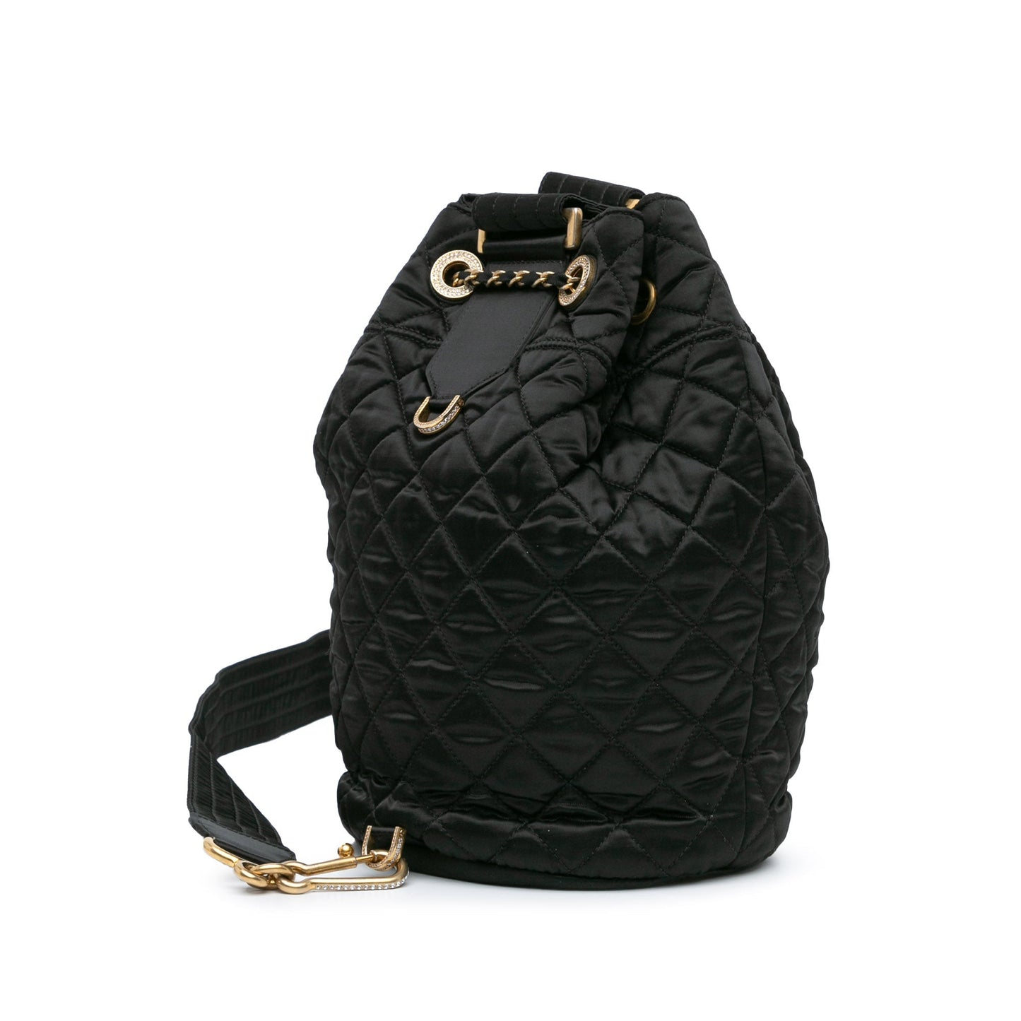 Chanel Quilted Nylon Crystal CC Drawstring Sling Bag Black