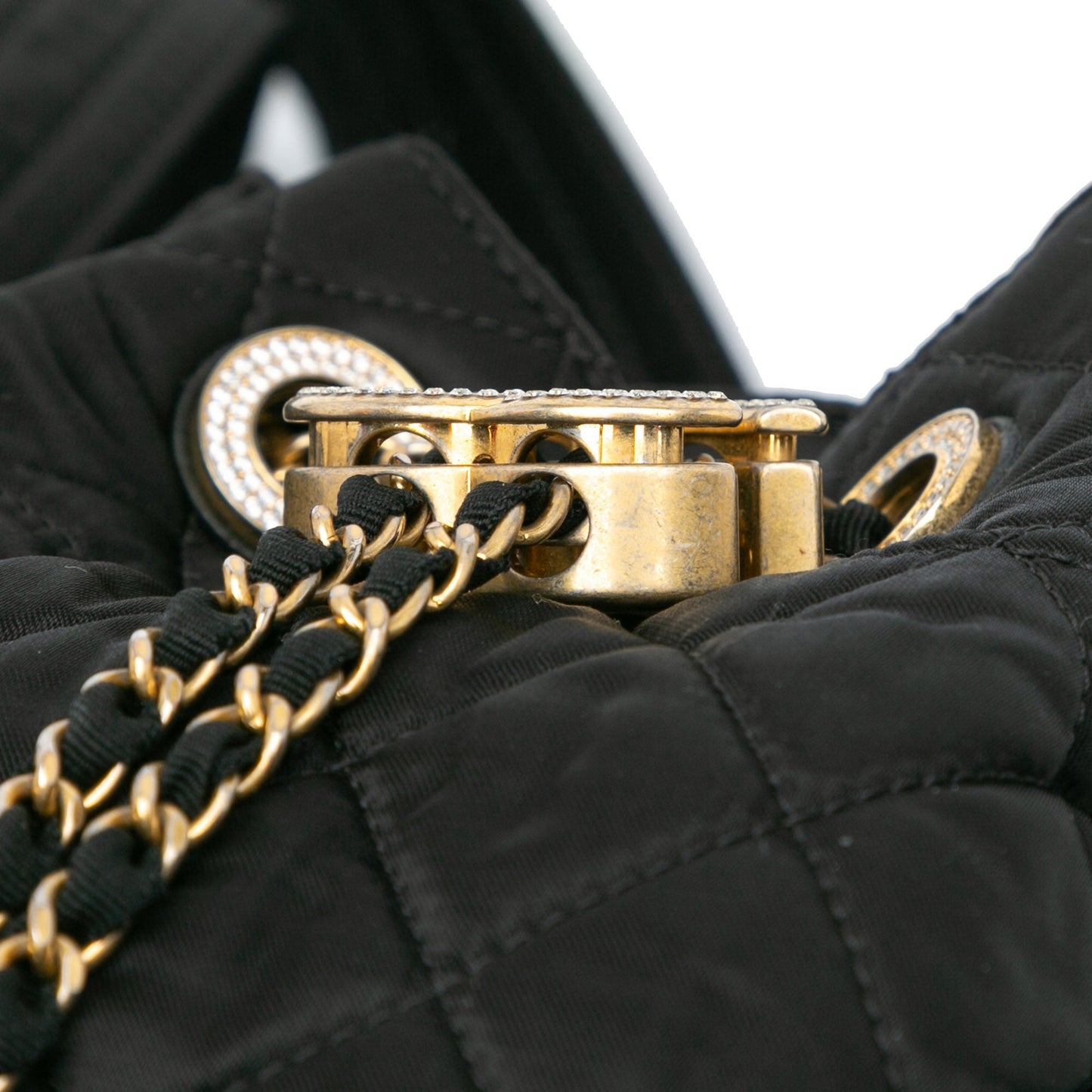 Chanel Quilted Nylon Crystal CC Drawstring Sling Bag Black