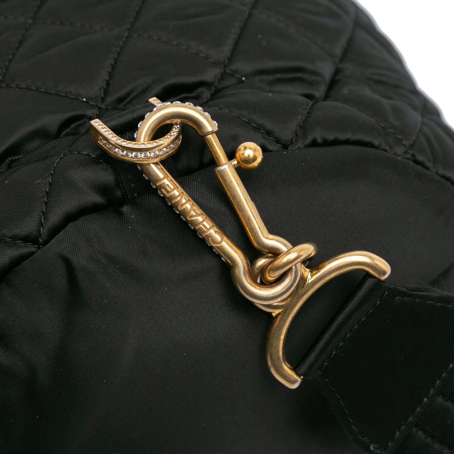 Chanel Quilted Nylon Crystal CC Drawstring Sling Bag Black