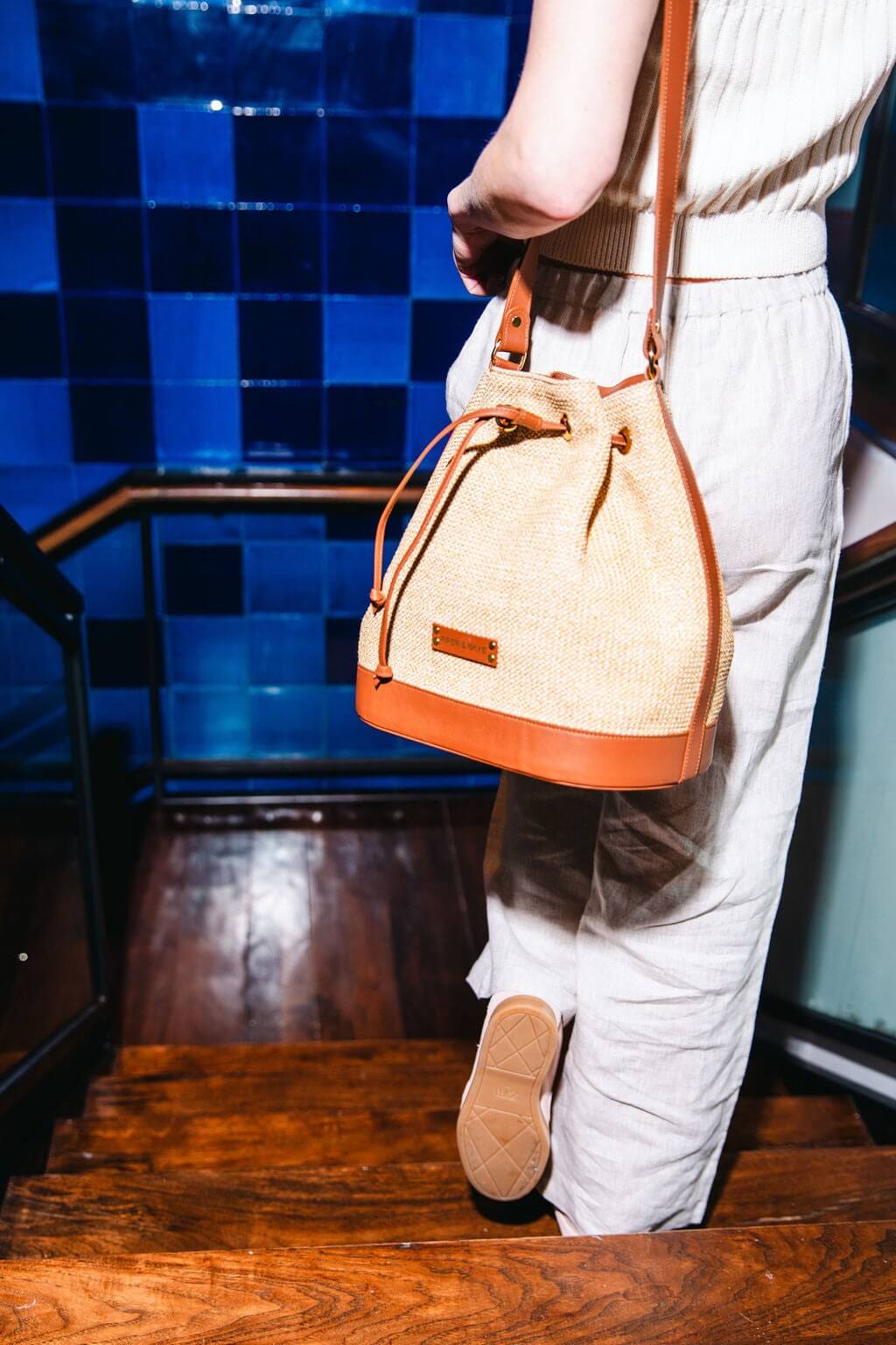 Malaga Raffia Bucket Bag - Cognac Leather and Camel Raffia