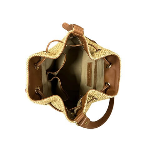 Malaga Bucket Bag Petite - Cognac Leather and Camel Raffia