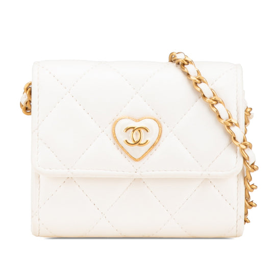 Chanel Quilted Lambskin Coco Love Card Holder On Chain White