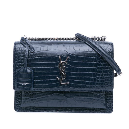 Saint Laurent Medium Croc Embossed Monogram Sunset Bag Blue