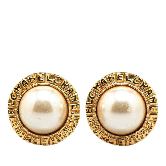 Chanel Gold Plated Faux Pearl Logo Clip On Earrings Gold