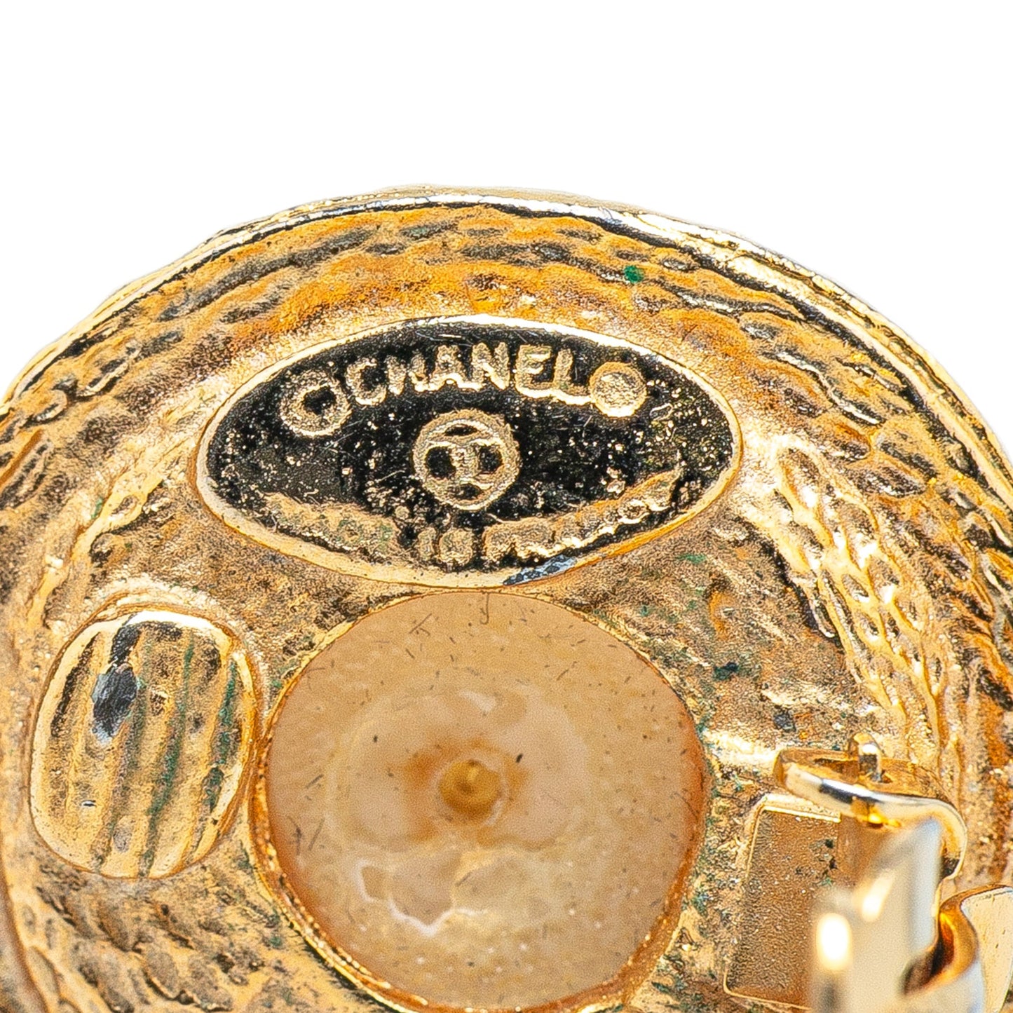 Chanel Gold Plated Faux Pearl Logo Clip On Earrings Gold
