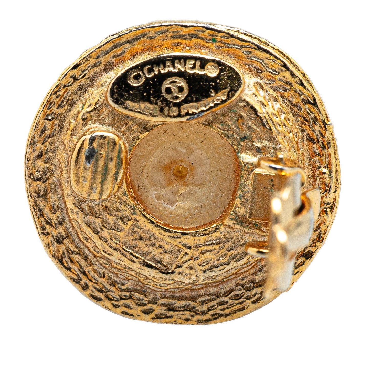Chanel Gold Plated Faux Pearl Logo Clip On Earrings Gold