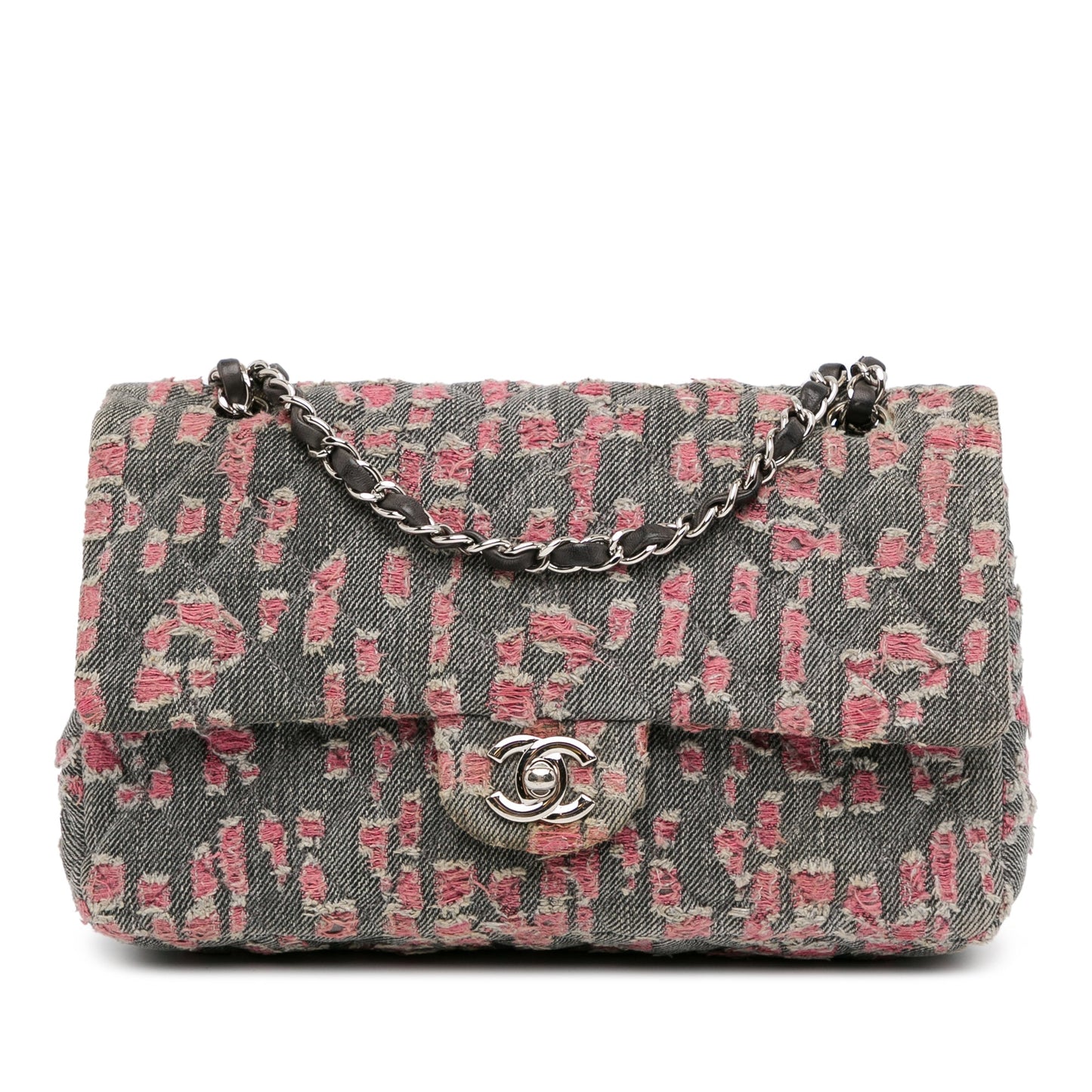 Chanel Medium Classic Distressed Denim Double Flap Gray