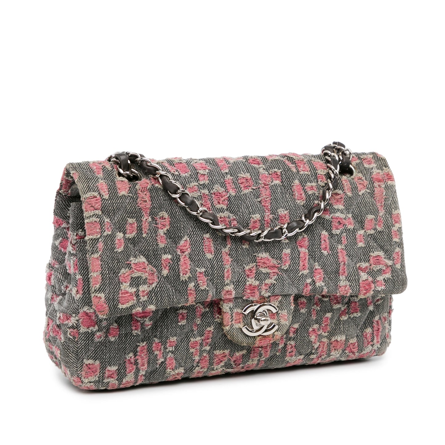 Chanel Medium Classic Distressed Denim Double Flap Gray