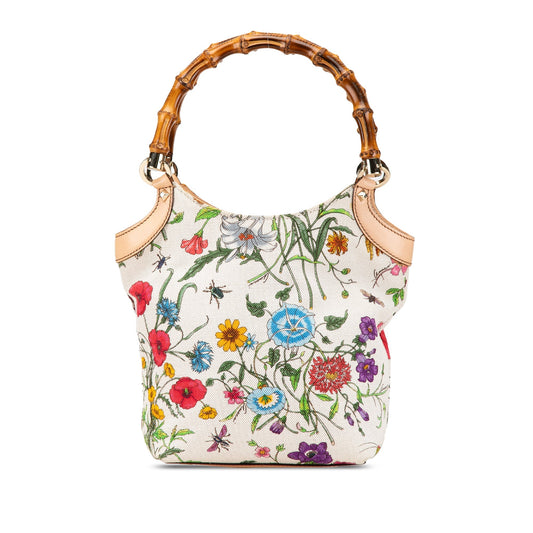 Gucci Canvas Bamboo Flora Handbag White
