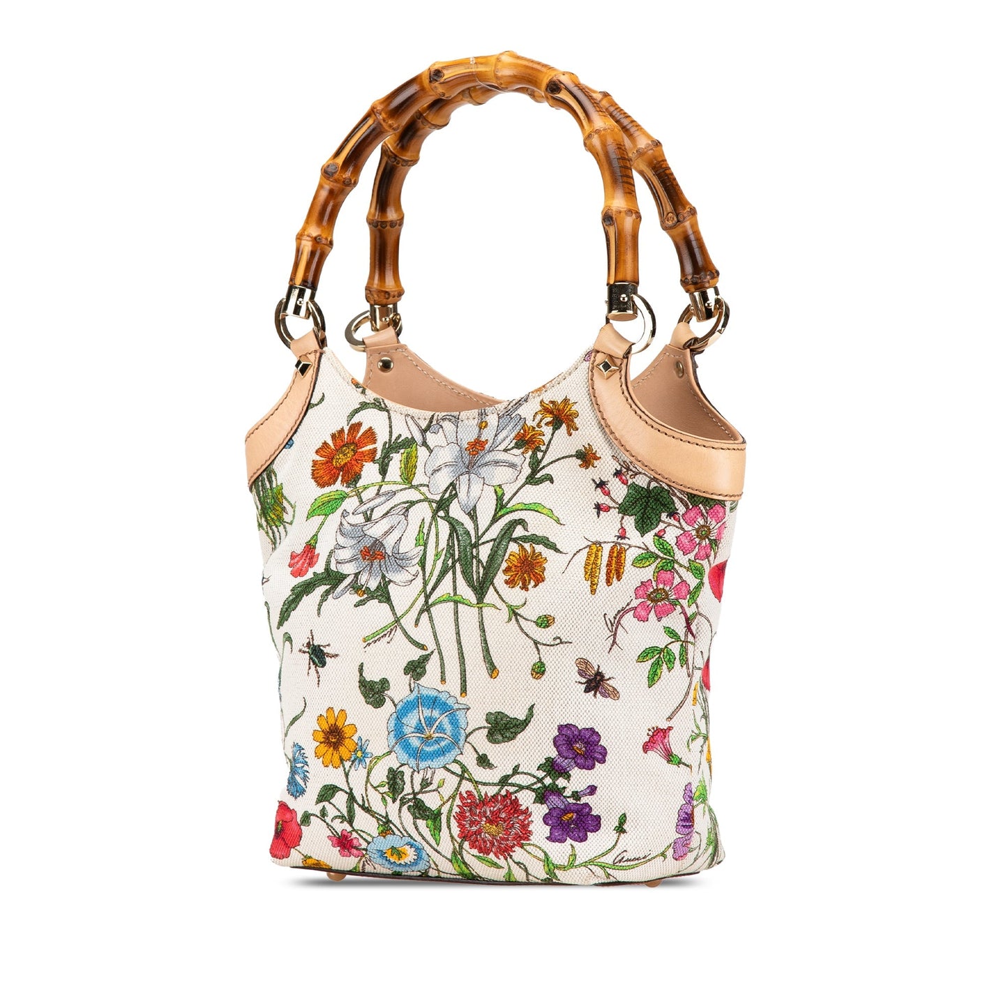 Gucci Canvas Bamboo Flora Handbag White