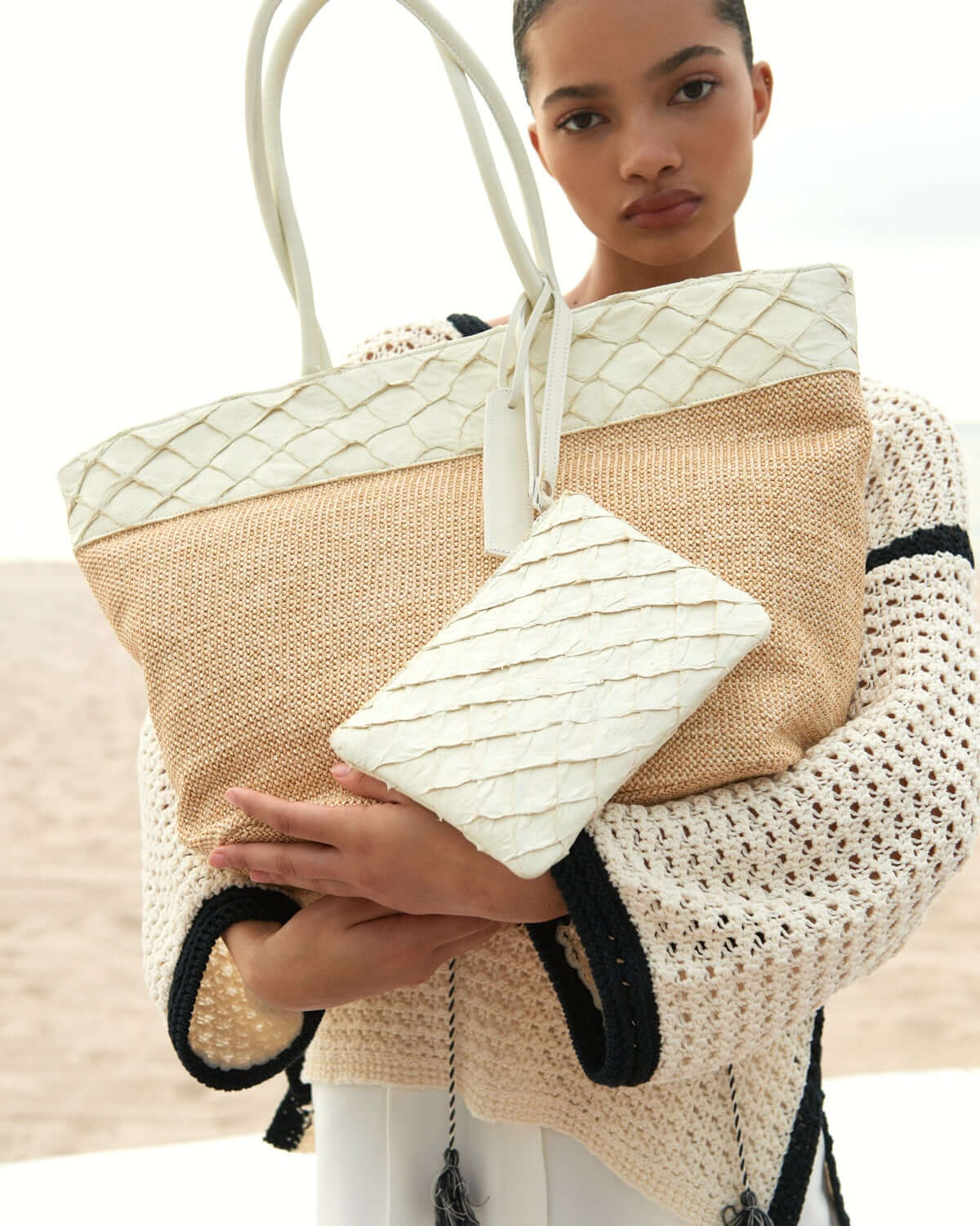Rio Beach Bag - Clay White Pirarucu and Camel Raffia