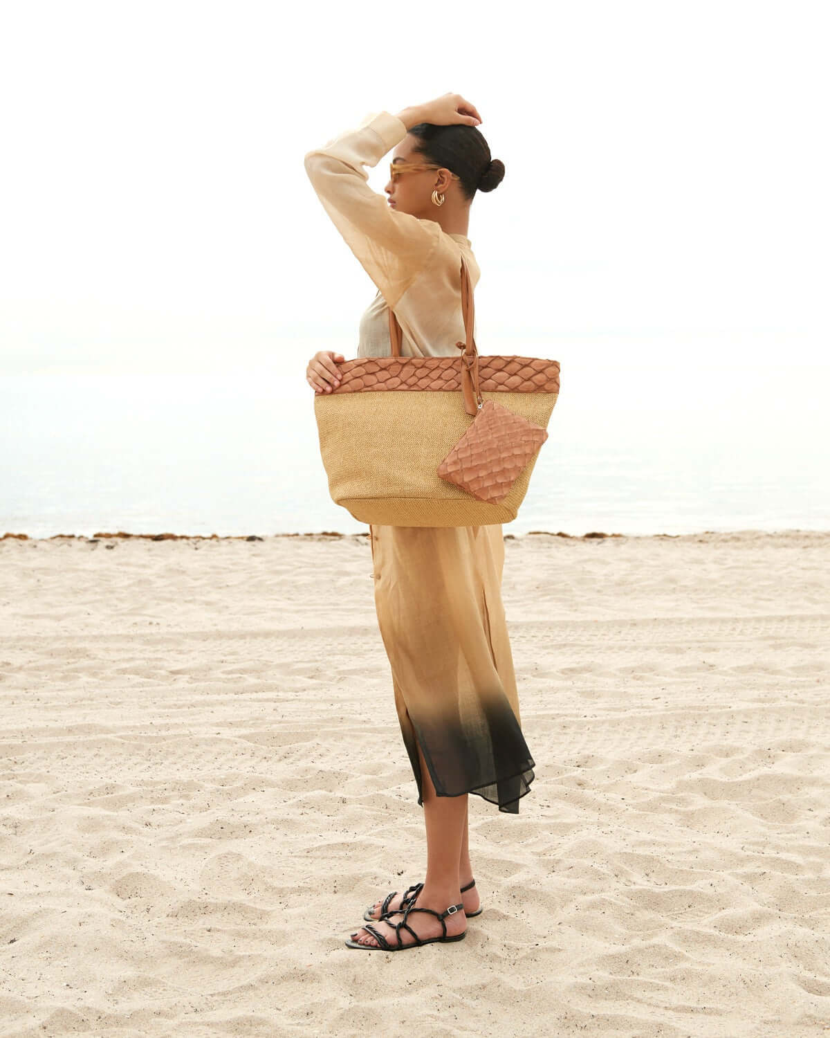 Rio Beach Bag - Cognac Pirarucu and Camel Raffia