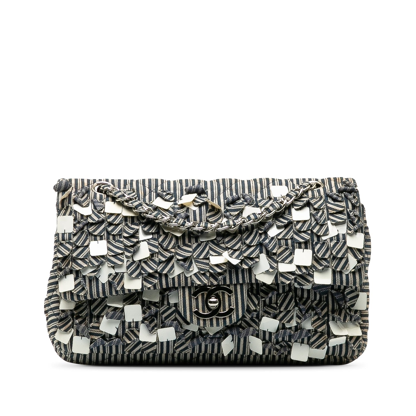 Chanel Medium Cotton Striped Double Flap Blue