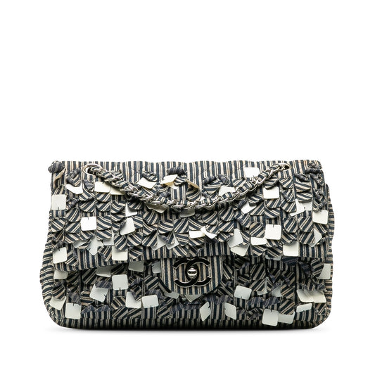 Chanel Medium Cotton Striped Double Flap Blue