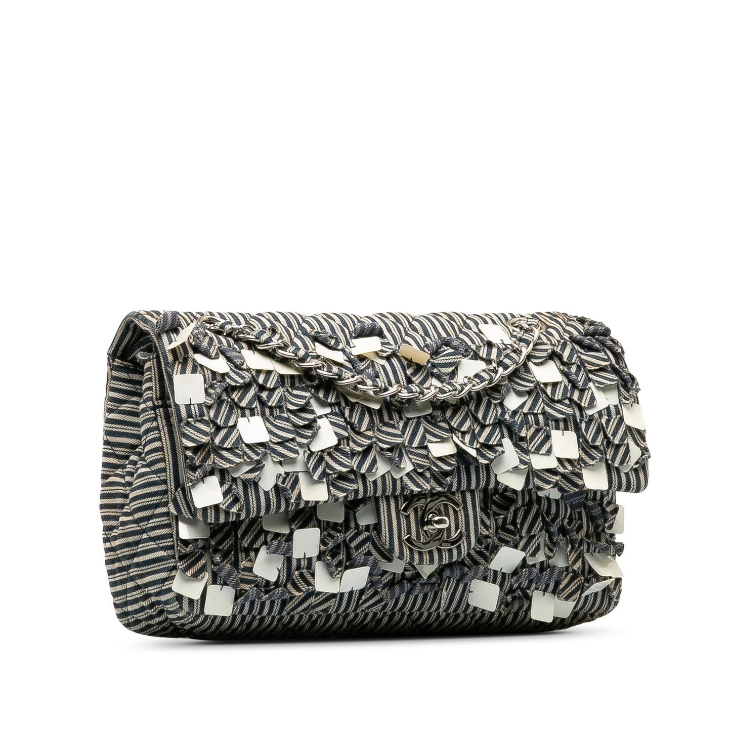 Chanel Medium Cotton Striped Double Flap Blue