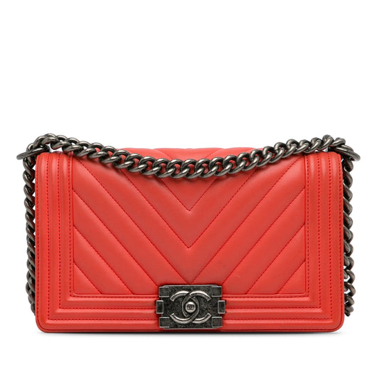 Chanel Old Medium Chevron Calfskin Boy Flap Red