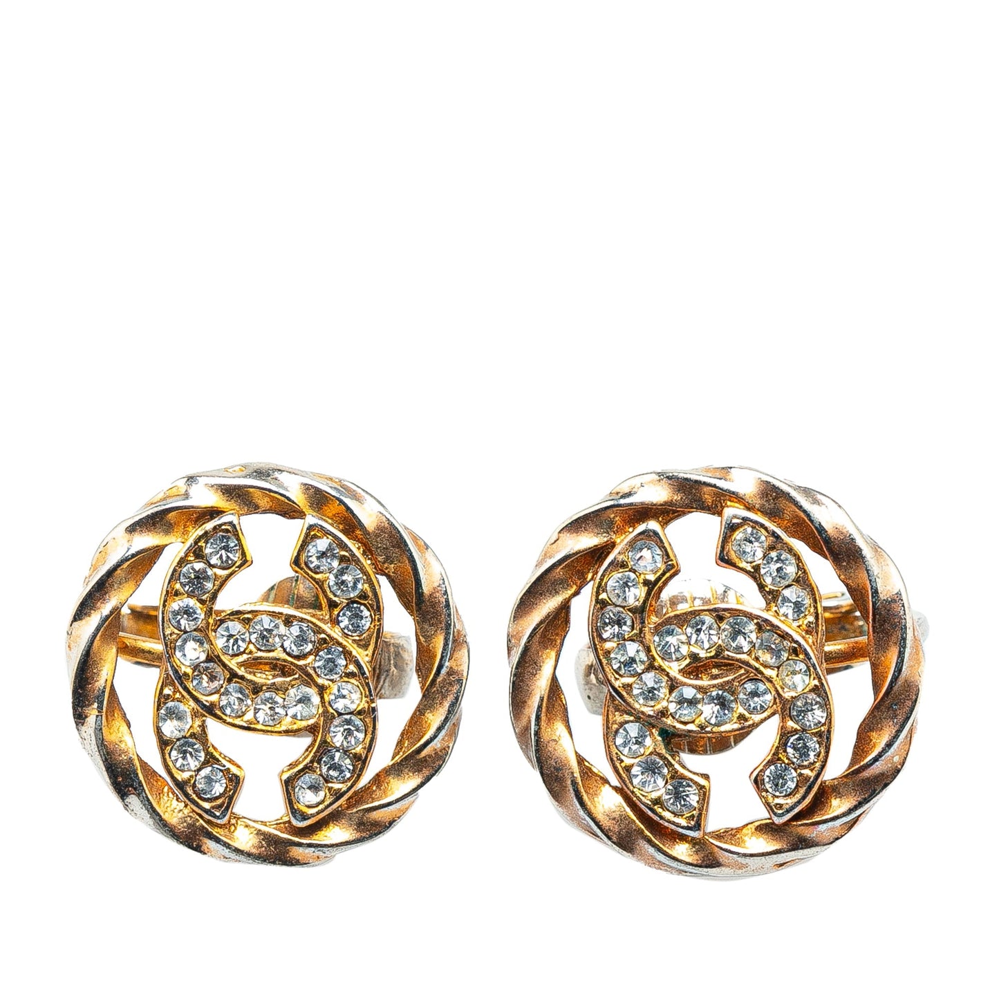 Chanel Gold Plated CC Rhinestones Clip on Earrings Gold