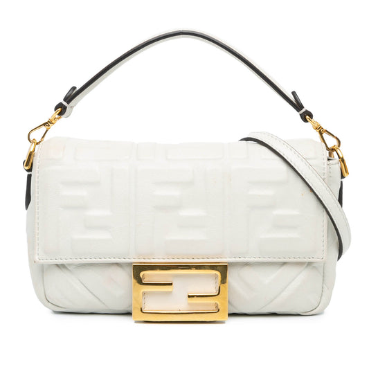 Fendi Mini Zucca Embossed Leather Baguette Satchel White