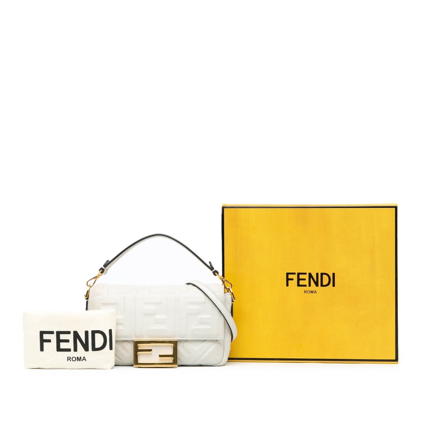 Fendi Mini Zucca Embossed Leather Baguette Satchel White