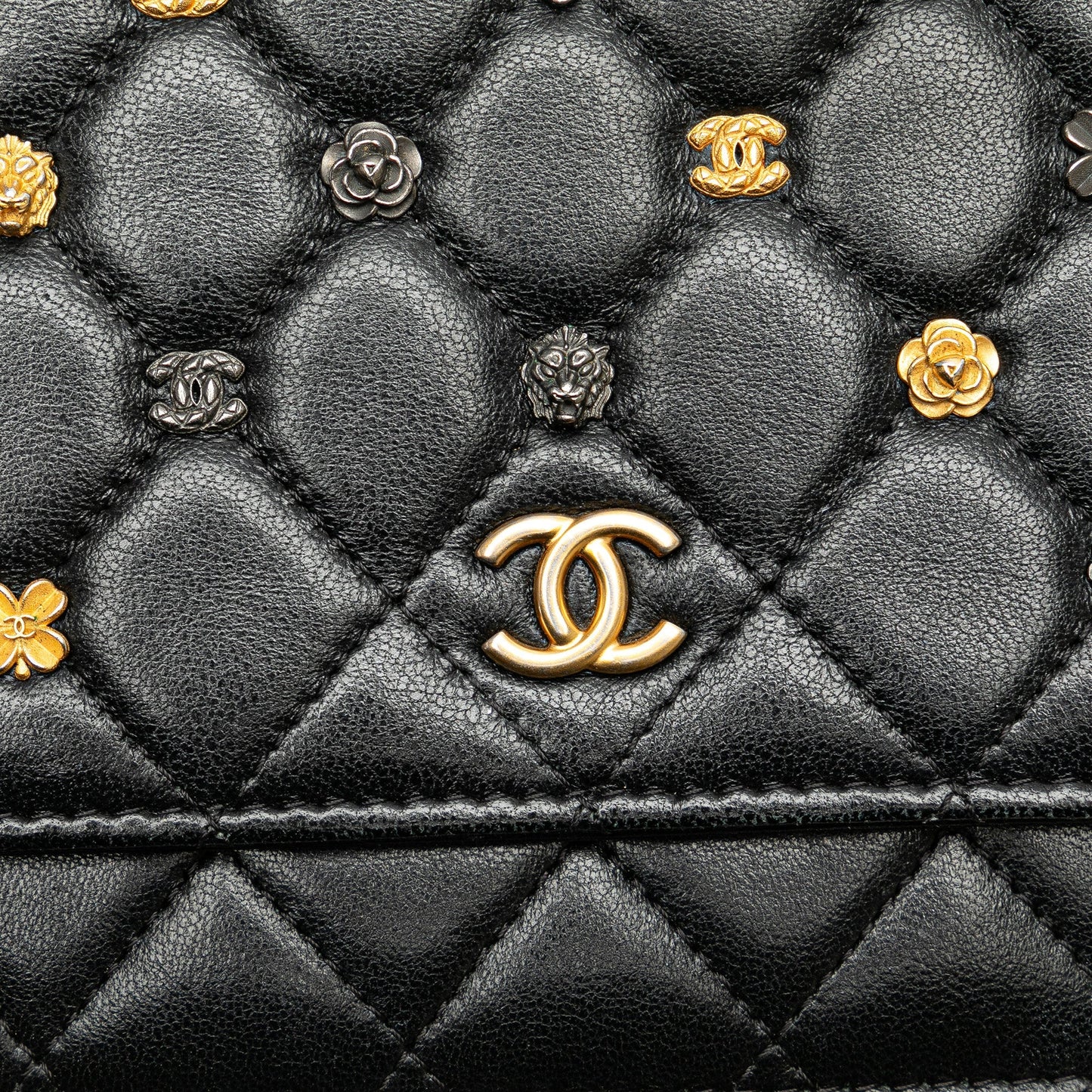 Chanel Quilted Studded Lambskin 18K Lucky Charms Wallet On Chain Black