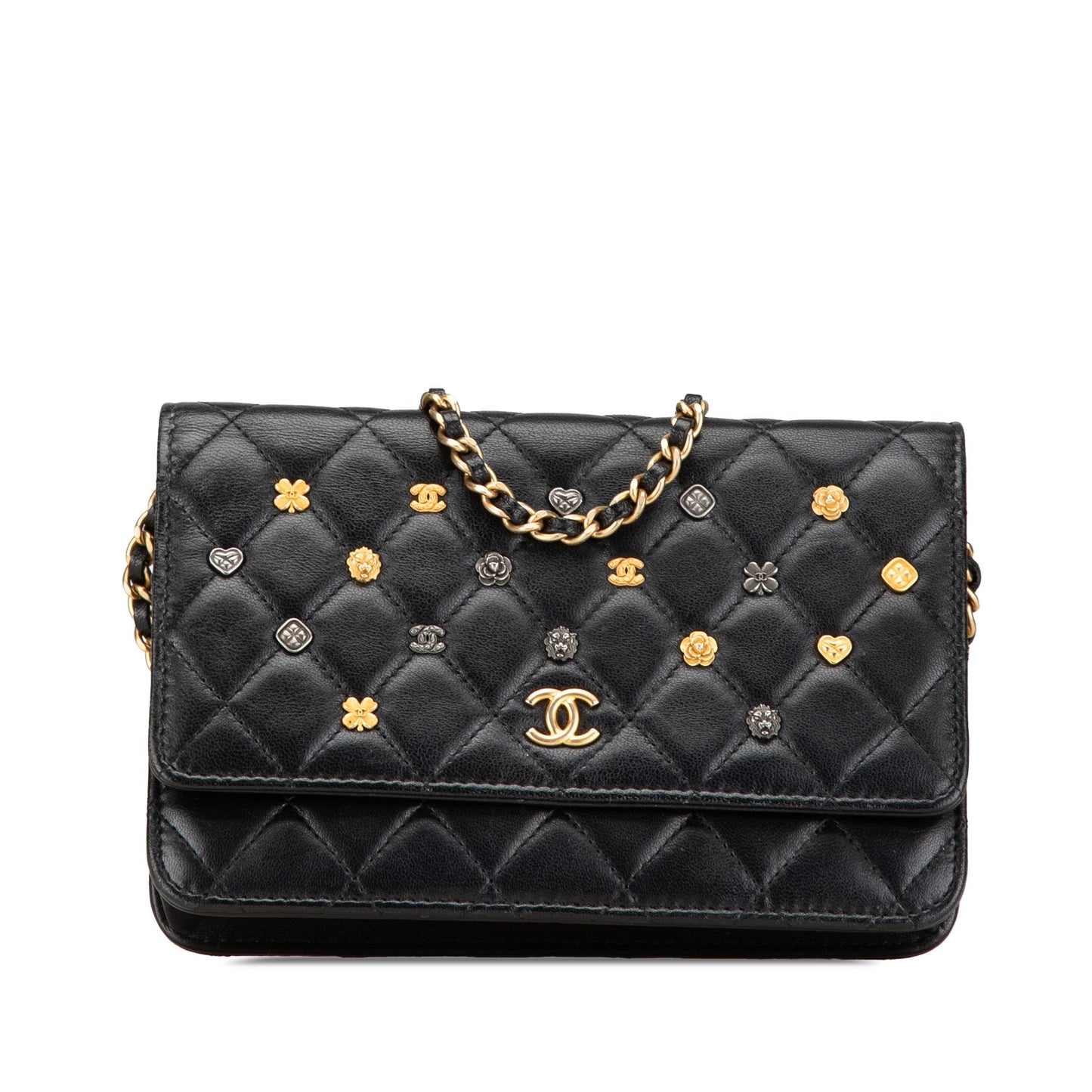 Chanel Quilted Studded Lambskin 18K Lucky Charms Wallet On Chain Black