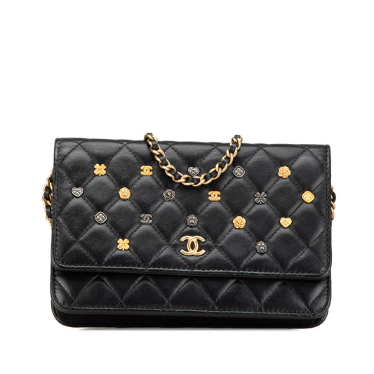 Chanel Quilted Studded Lambskin 18K Lucky Charms Wallet On Chain Black