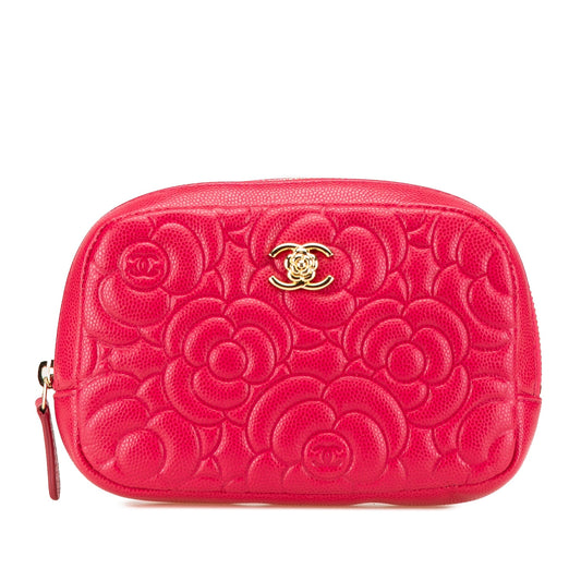 Chanel Small Caviar Camellia Cosmetic Case Red