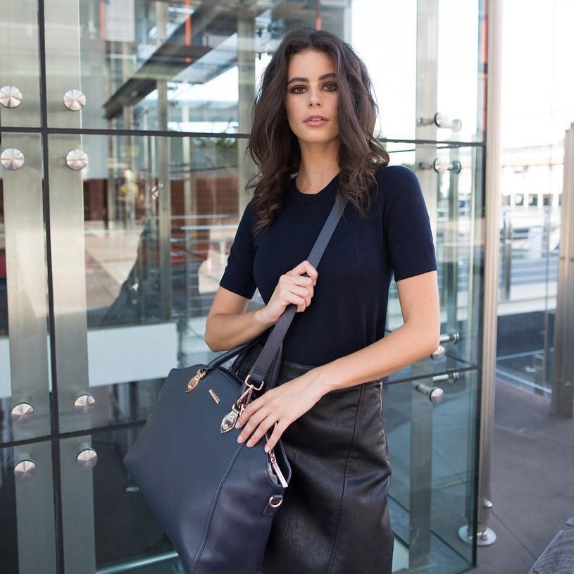 SAVANNAH DESIGNER LAPTOP HANDBAG | NAVY LEATHER | CHAMPAGNE GOLD