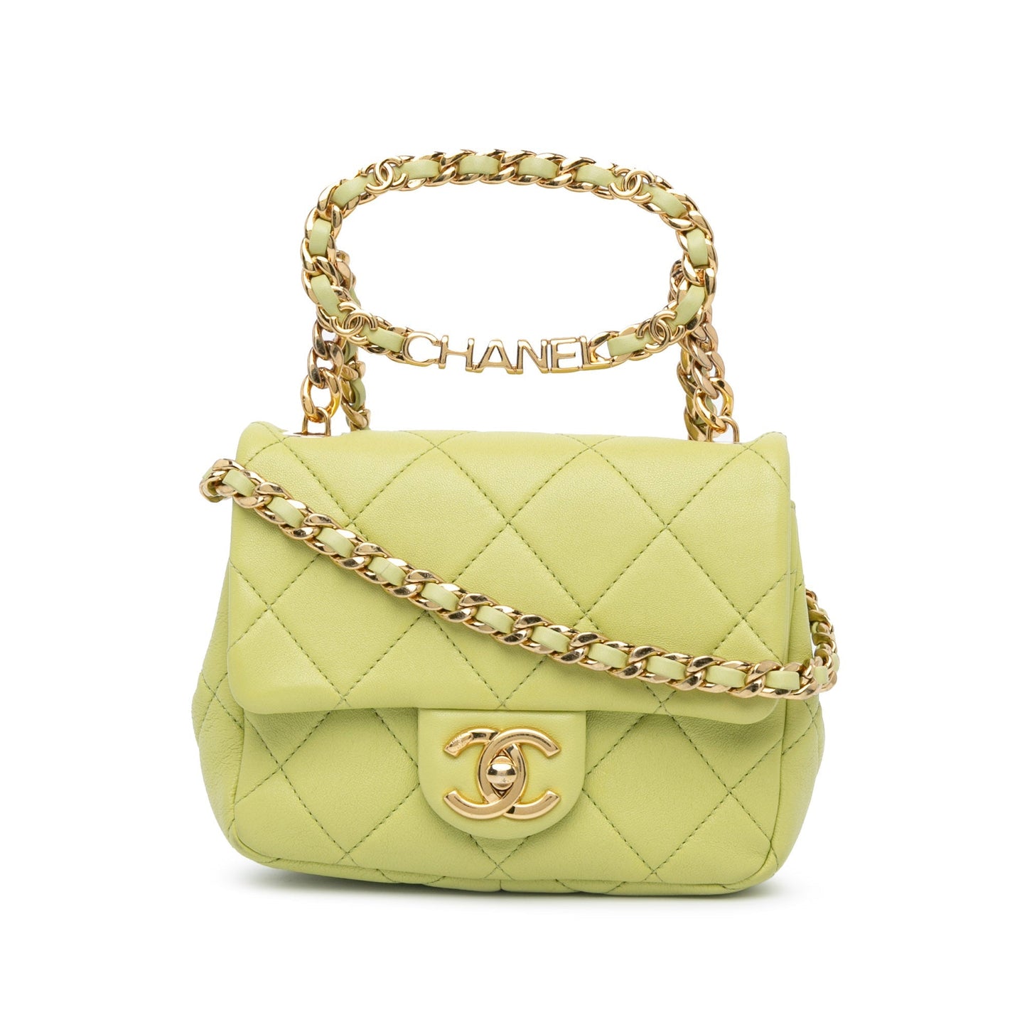 Chanel Mini Quilted Lambskin Oval Logo Chain Top Handle Flap Green