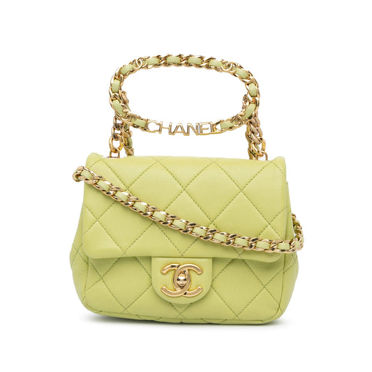 Chanel Mini Quilted Lambskin Oval Logo Chain Top Handle Flap Green