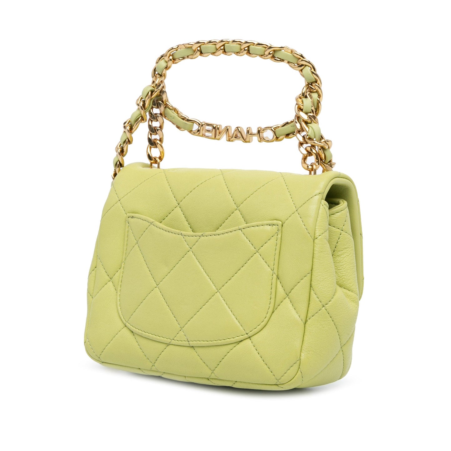 Chanel Mini Quilted Lambskin Oval Logo Chain Top Handle Flap Green