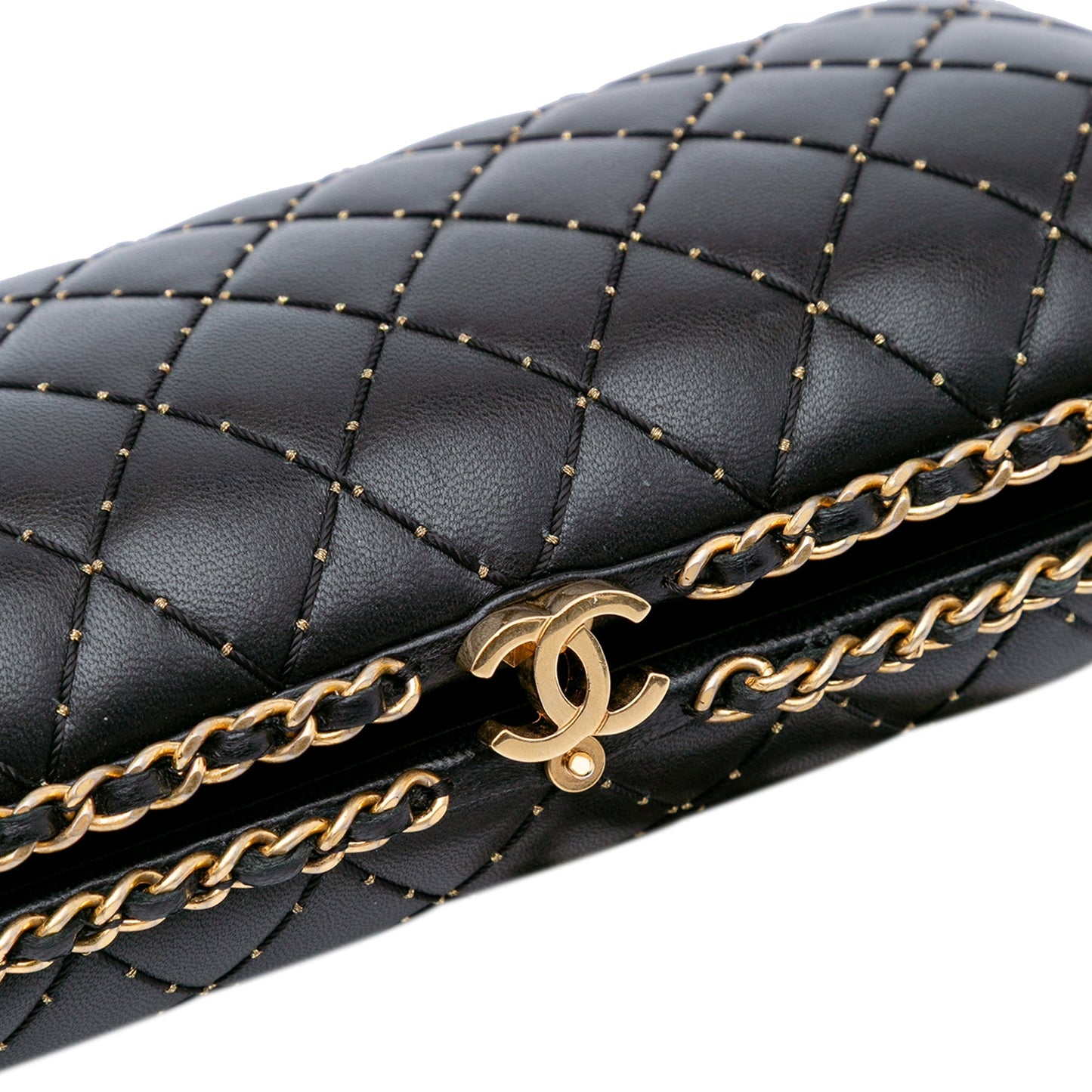 Chanel Quilted Lambskin Studded Chain Around Clutch with Chain Black