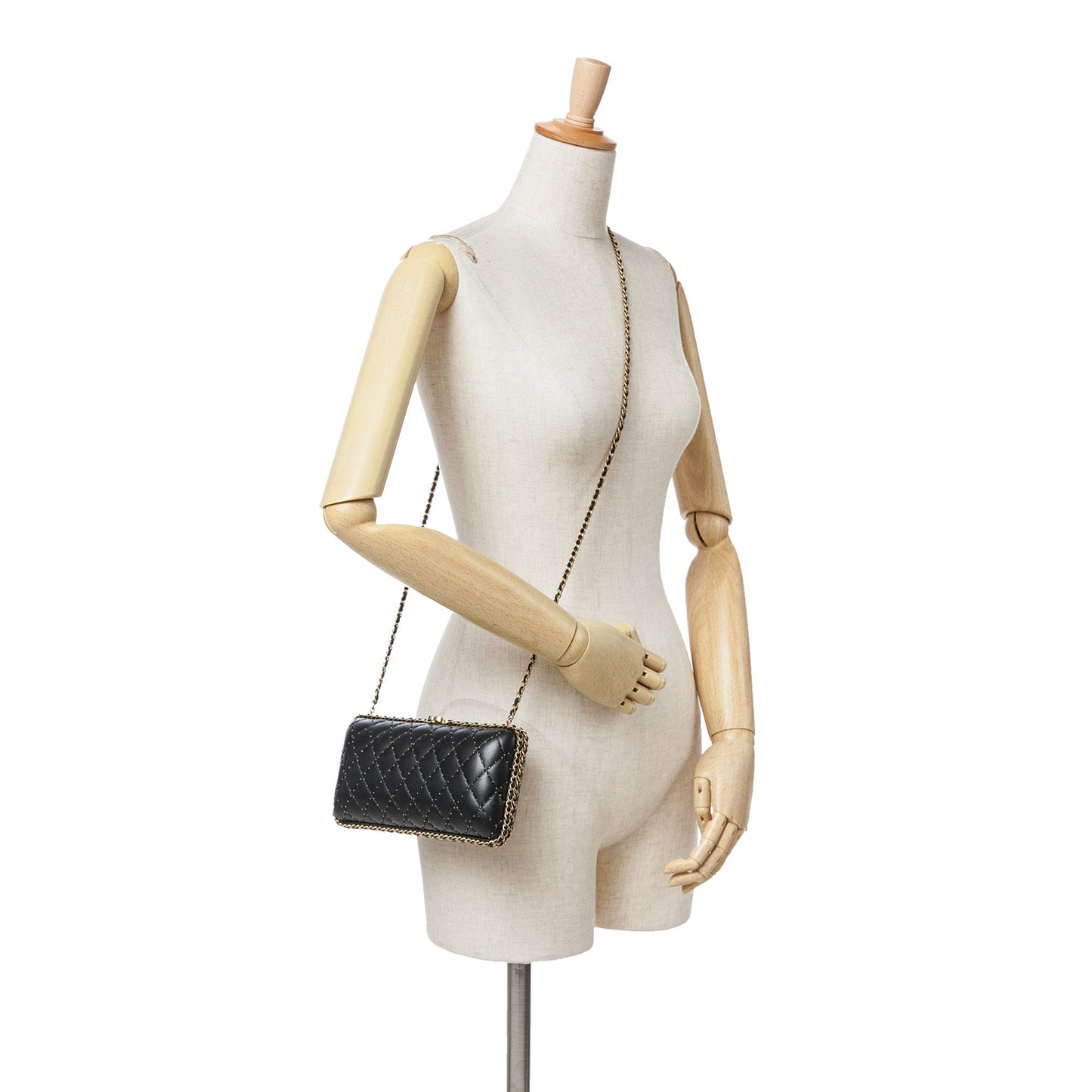 Chanel Quilted Lambskin Studded Chain Around Clutch with Chain Black