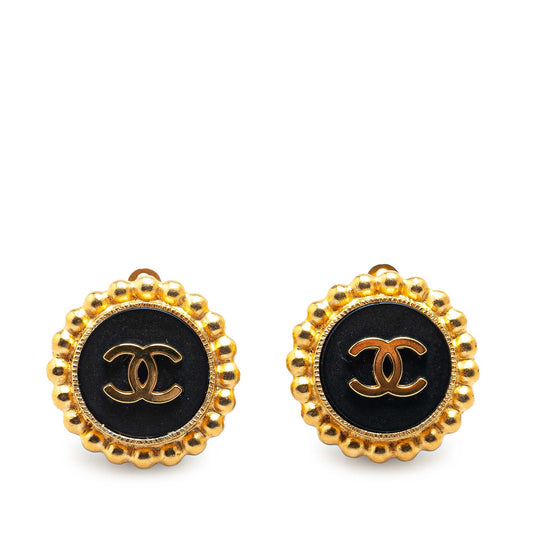 Chanel Gold Plated Acrylic CC Button Clip On Earrings Gold