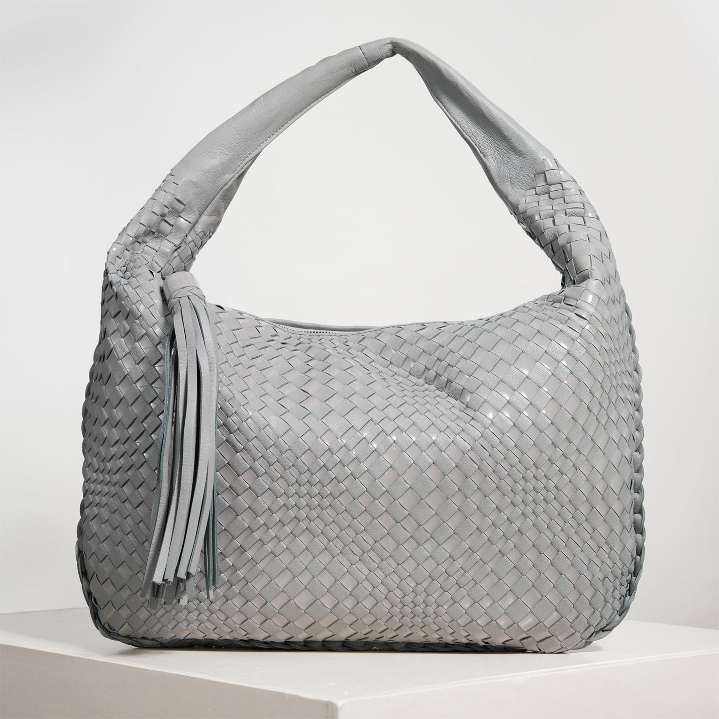 Brigitte Is Women Hobo Bag Intreccio Optical Nappa and Patent Leather Grigio Perla