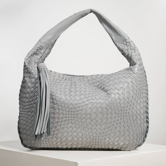 Brigitte Is Women Hobo Bag Intreccio Optical Nappa and Patent Leather Grigio Perla