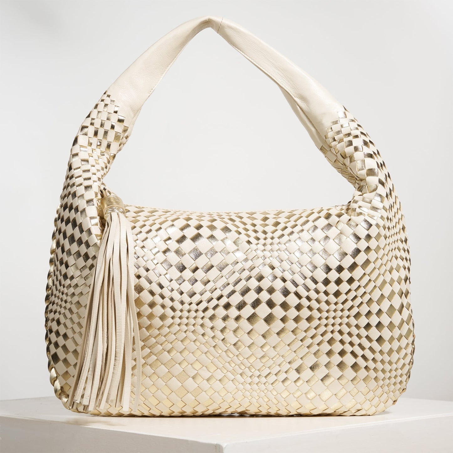 Brigitte Is Women Hobo Bag Intreccio Optical Nappa Leather Beige and Platino