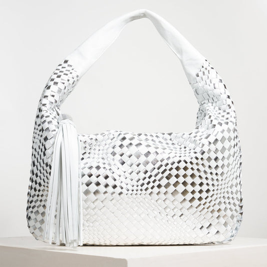 Brigitte Is Women Hobo Bag Intreccio Optical Nappa Bianco and Argento