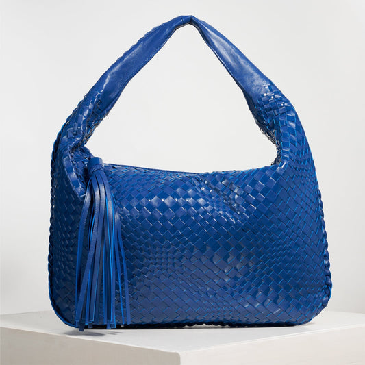 Brigitte Is Women Hobo Bag Intreccio Optical Nappa and Patent Leather Azzurro