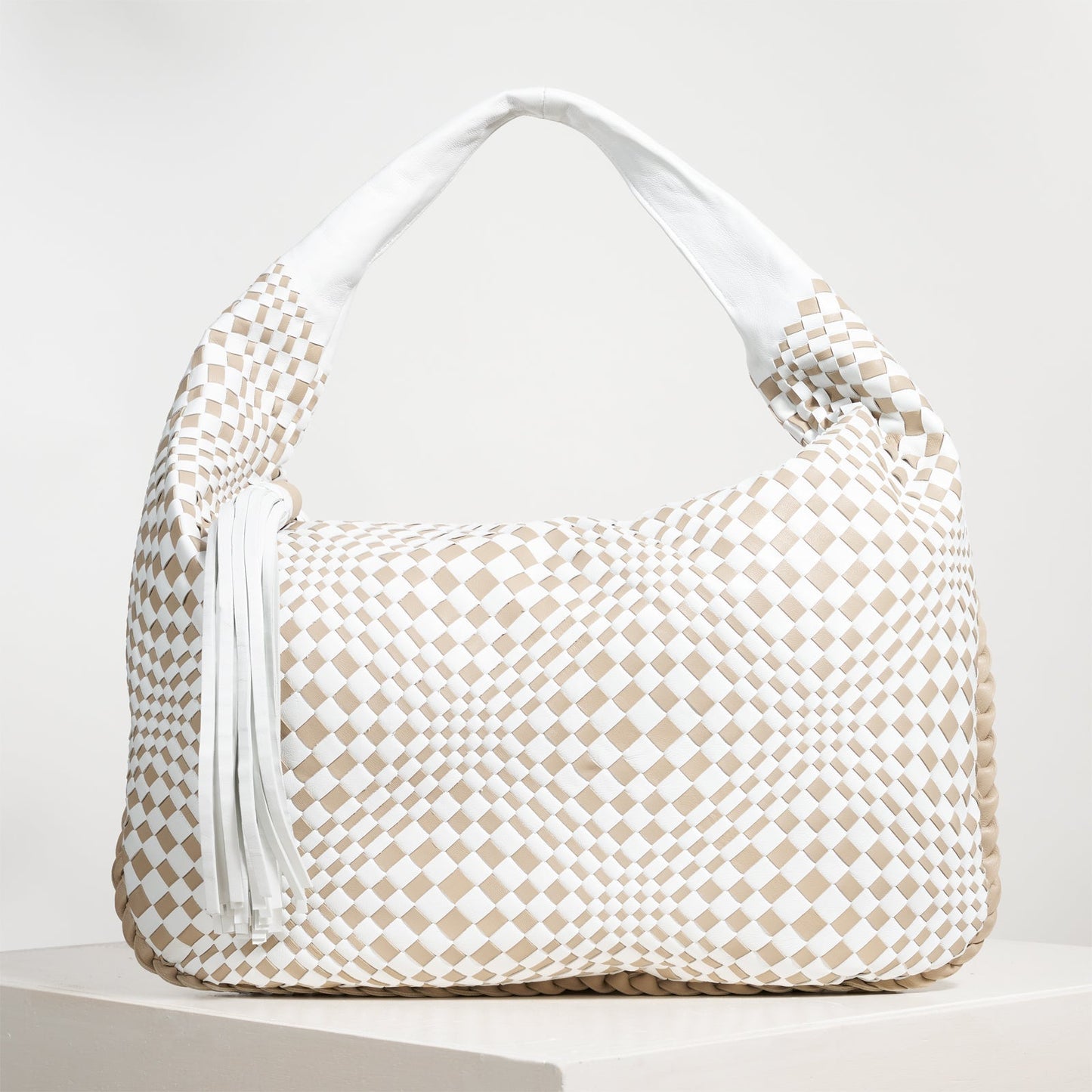 Brigitte Is Women Hobo Bag Intreccio Optical Nappa Bianco and Light Taupe