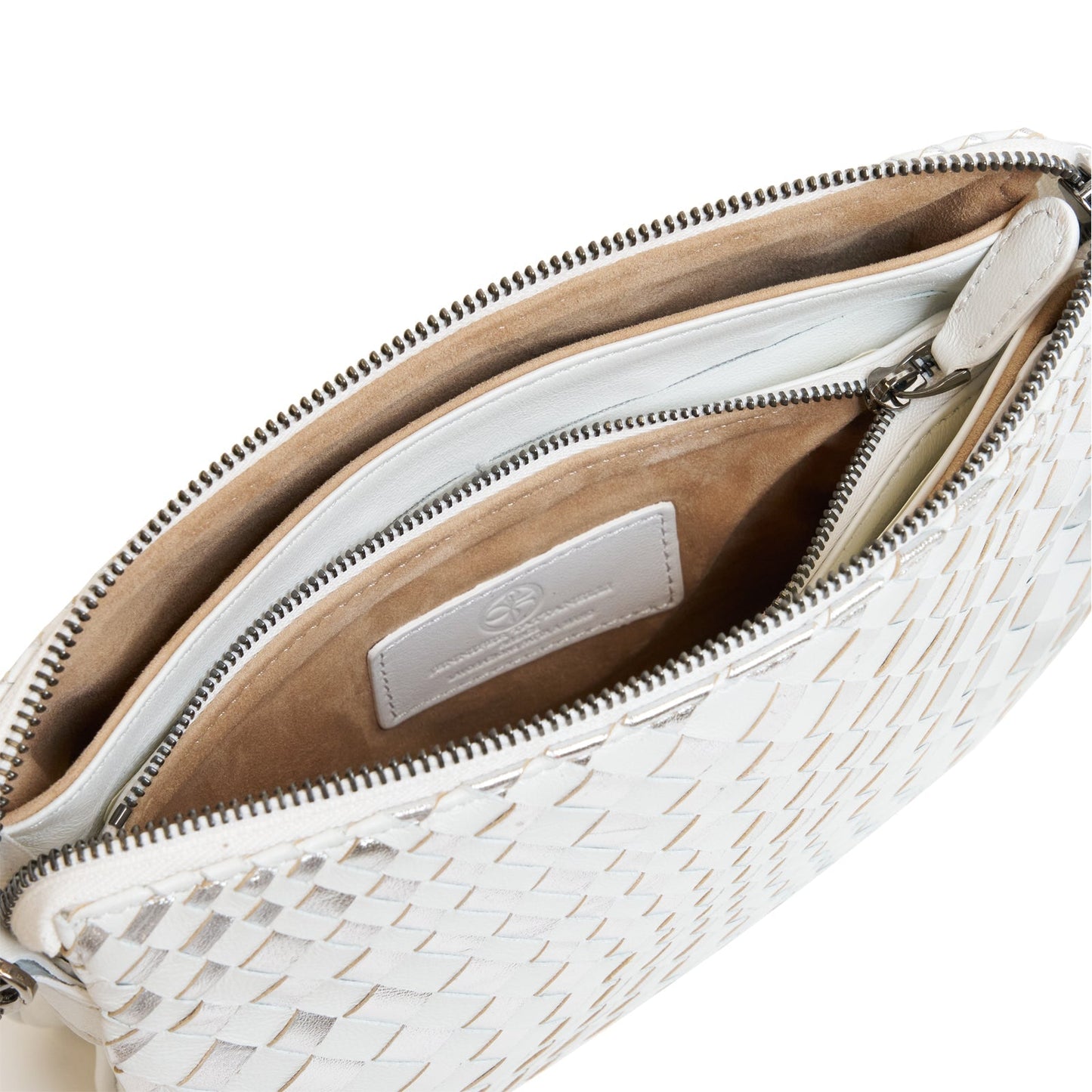 Woman Leather Clutch Intreccio Optical Nappa White and Silver