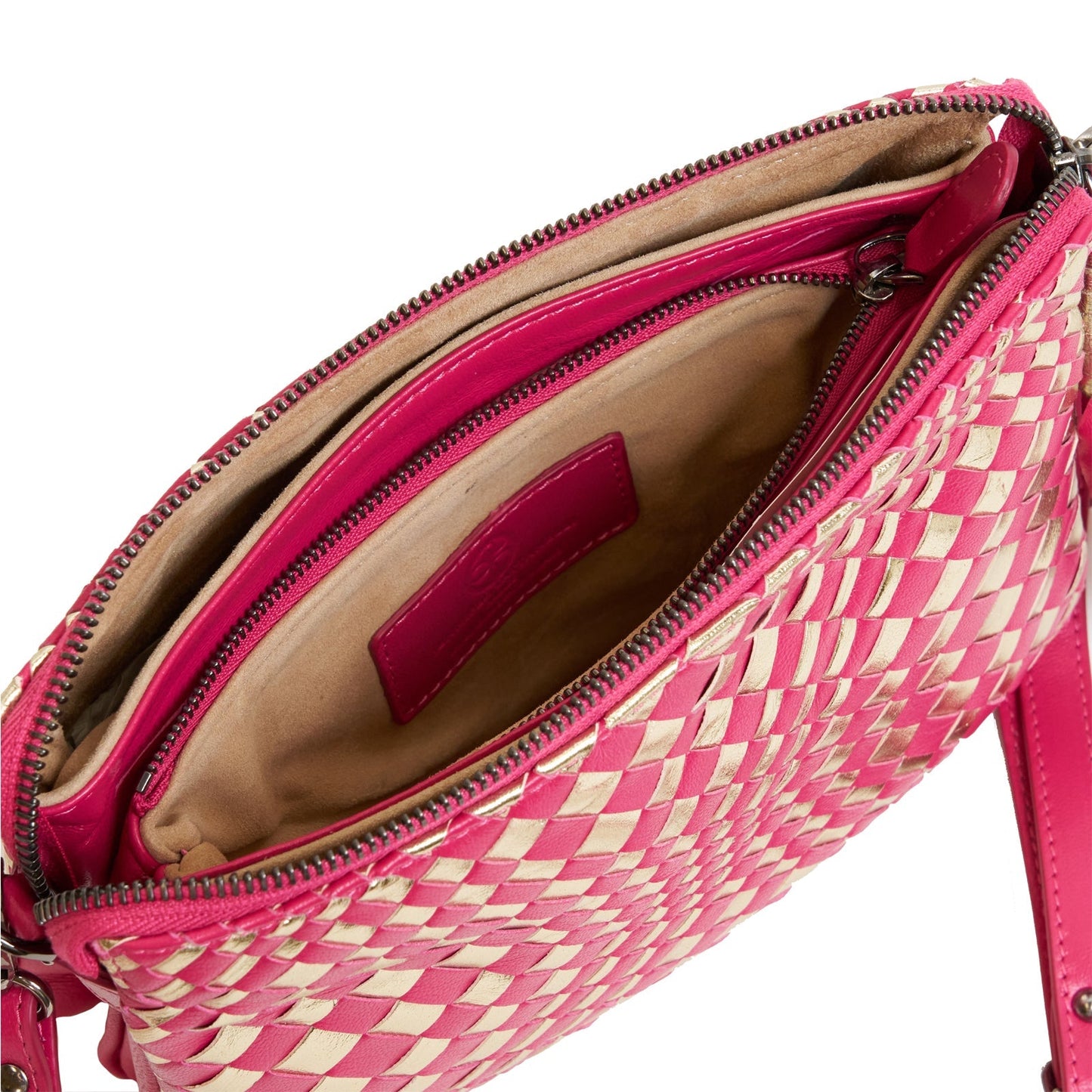 Woman Leather Clutch Intreccio Optical Nappa Laminato Fucsia and Platinum