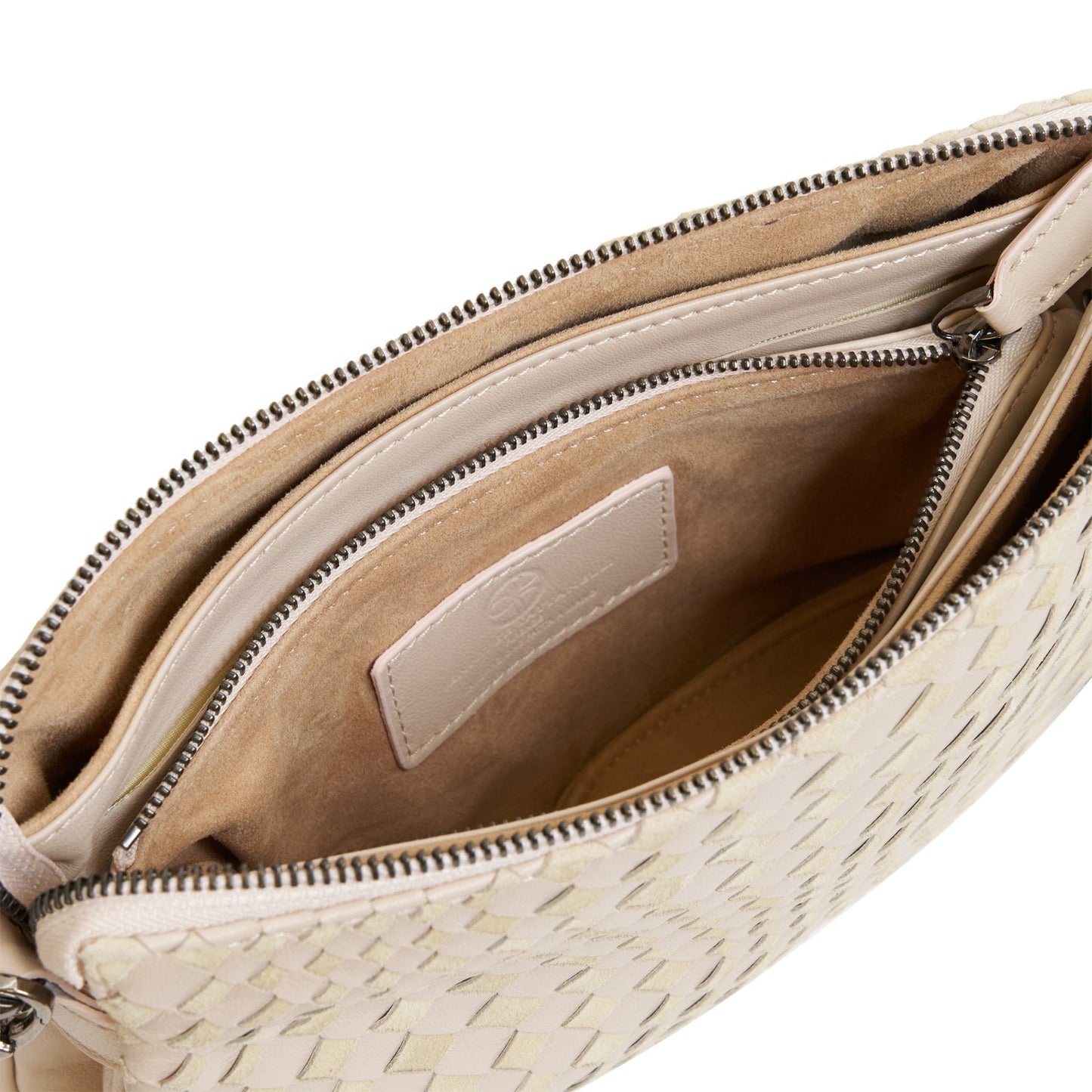 Woman Leather Clutch Intreccio Optical Suede Cipria